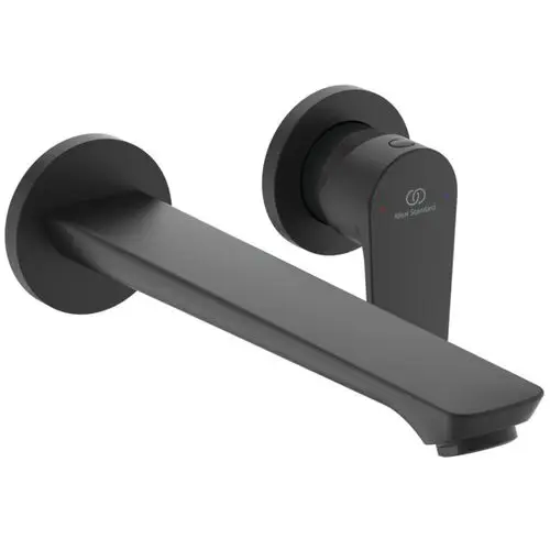 Wandarmatur in mattem Schwarz von Ideal Standard mit einem flachen Auslauf und runden Befestigungen. Die Steuerung erfolgt über einen prägnanten Bedienknopf.